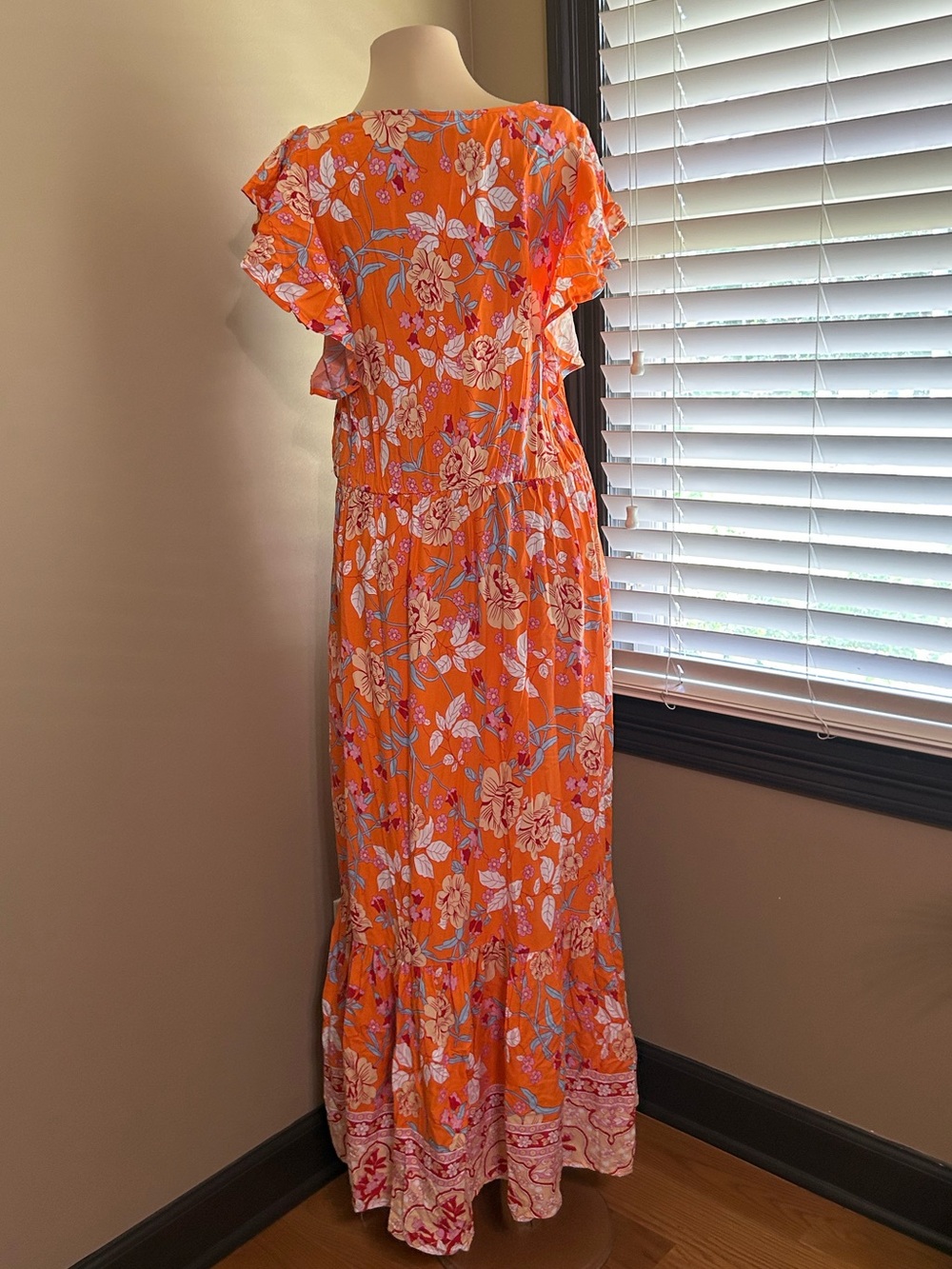 Floral V-Neck Orange Maxi Dress with Pink Trim - Picture 5 of 8